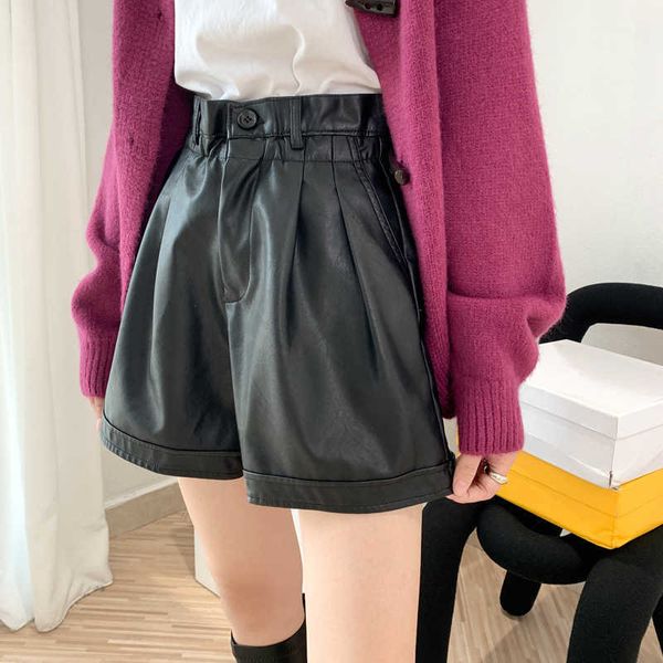 Herbst Winter PU Leder Shorts Frauen Koreanische Schwarz High-Taille Taille Umarmt Abnehmen Blume Hochblätter Breite Bein 210607