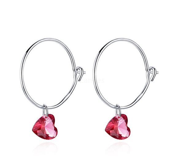 

big round circle earrings with red heart stone charm women dangle earings 925 sterling silver stylish, Golden
