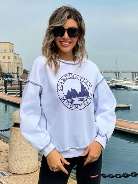 

mountain and letter graphic stitching drop shoulder sweatshirt e9ly#, White;black
