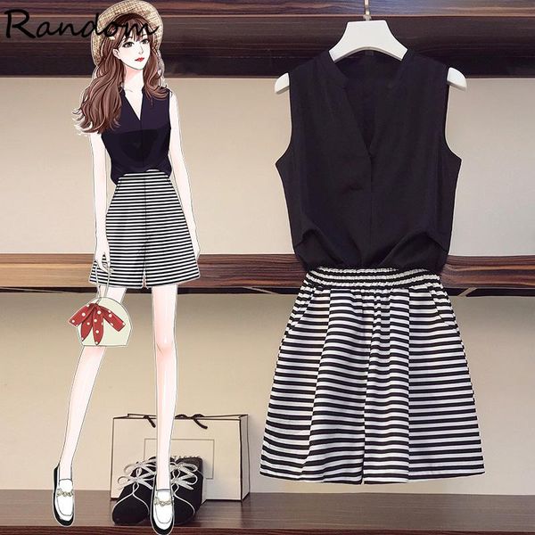 

plus size tracksuits summer womens two peices set leisure outfits oversized sleeveless chiffon shirt high waist shorts stripe clothing