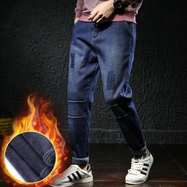 

men's jeans 40 42 44 46 plus size fleece thick warm loose winter 2021 brand fashion harem pants blue black
