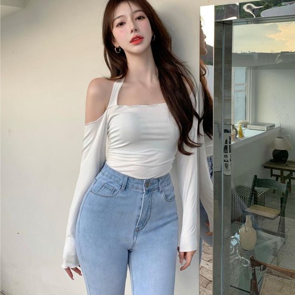 

women's t-shirt kawaii long sleeve women autumn clothes thin pink skinny slim slash neck base tshirt tees korean loli xb8s, White