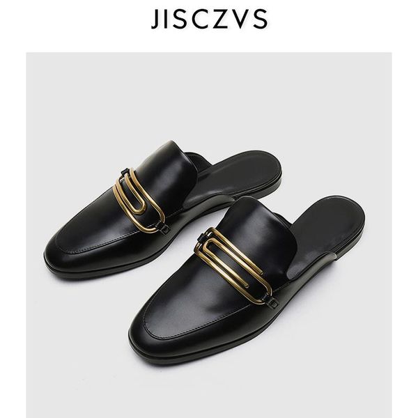 

slippers 2021 designer brand women autumn loafers pu platform flat pointed toe mules slip-on metal slipper koafer woman outside, Black