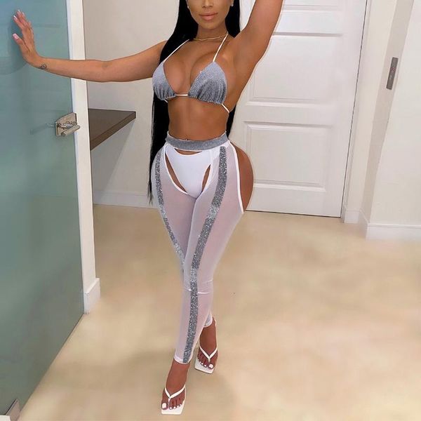 

women's two piece pants women 2 pieces sets crop & bodycon see through backless for evening night party club matching 2021, White