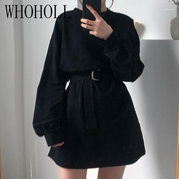 

autumn o neck long sleeve women's sweatshirt dress belt puff fashion solid loose ladies mini vestidos1, Black;gray