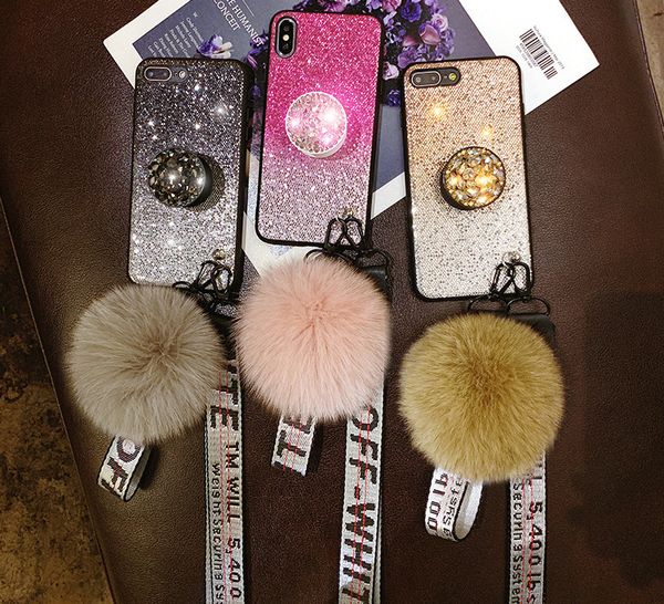 

gradient glitter bling cases diy fur hair ball+crystal bracket+strap phone case for iphone 11 pro max x xr xs max se2020 6 7 8 plus coque
