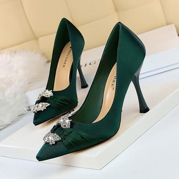 

dress shoes women high heels pumps basic bridal fashionable elegant banquet silks satins water drill metal buckle wedding, Black