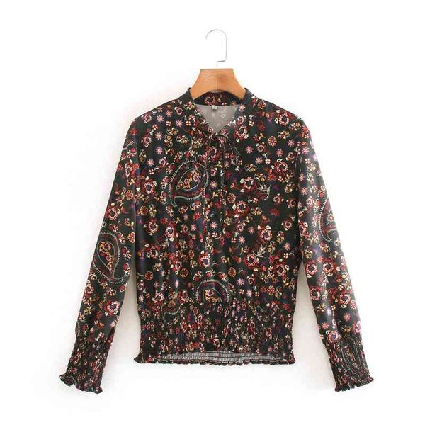 

casual vintage floral blouse pullover shirts long sleeve waist printed lace up women spring nx9905 210525, White