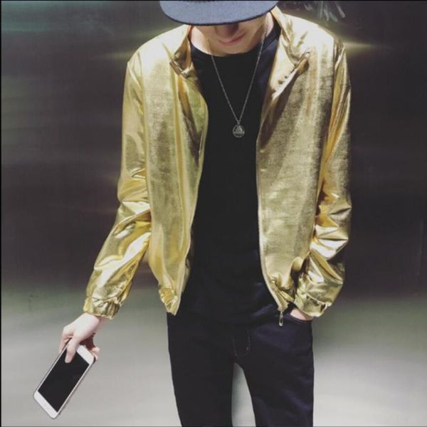 

men's jackets s-3xl fashion casual bright surface jacket korean gold long sleeve short coat nightclub singer stage costume, Black;brown