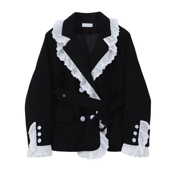 

women's suits & blazers 2021 korean vintage ruffle spliced blazer jacket women double breasted black corduroy outwear lady stylish chic, White;black