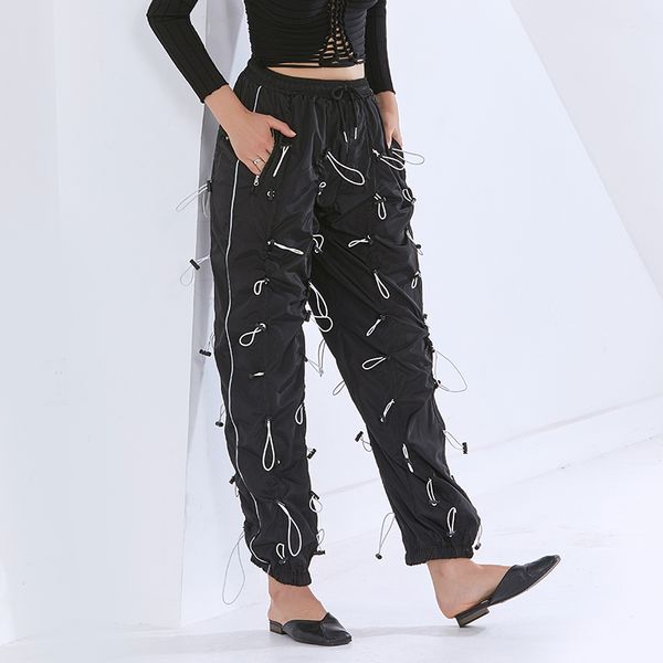 

loose pants for women high waist patchwork drawstring plus size casual trousers female 2021 autumn fashion clothing, Black;white