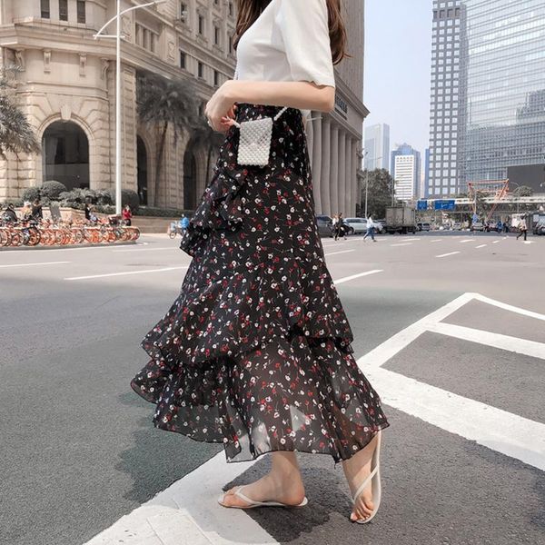 

skirts 2021 summer women midi korean boho bohemian ruffles ladies beach holiday polka dot layer flare high waist skirt for, Black