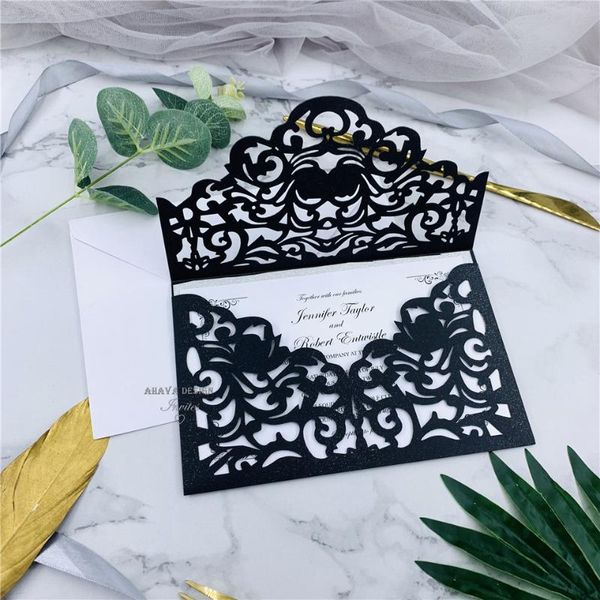 

greeting cards cordially inviting - black shimmer laser cut sleeve with classic invitation and glittery backer, invite for wedding