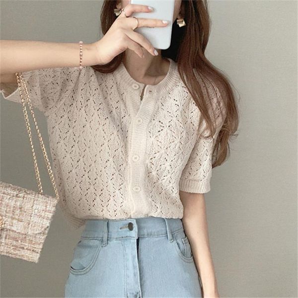 

women's blouses & shirts summer casual round neck hollow knit short-sleeved t-shirt female korean version loose thin sunscreen cardigan, White