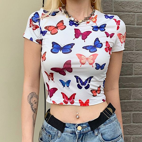 

2021 new women ladies t-shirt butterfly print o-neck female streetwear tight shirts short sleeve casual clubwear party 9jgy, White