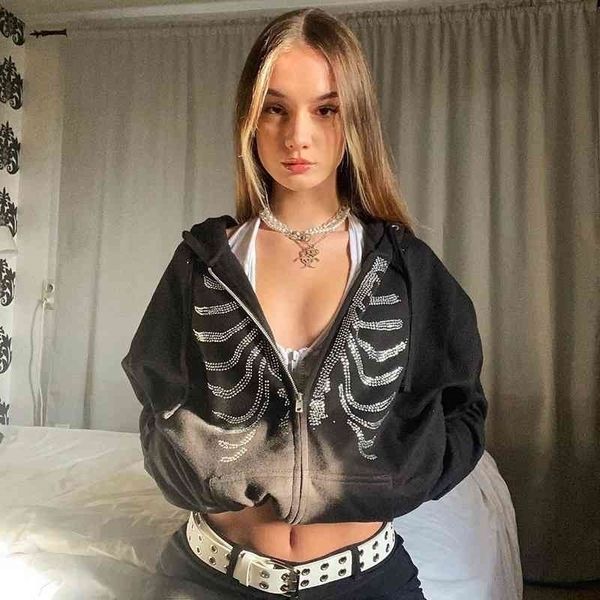 

2021 new ins style personalized sternum diamond sweater women's loose zipper casual coat hooded top, Black