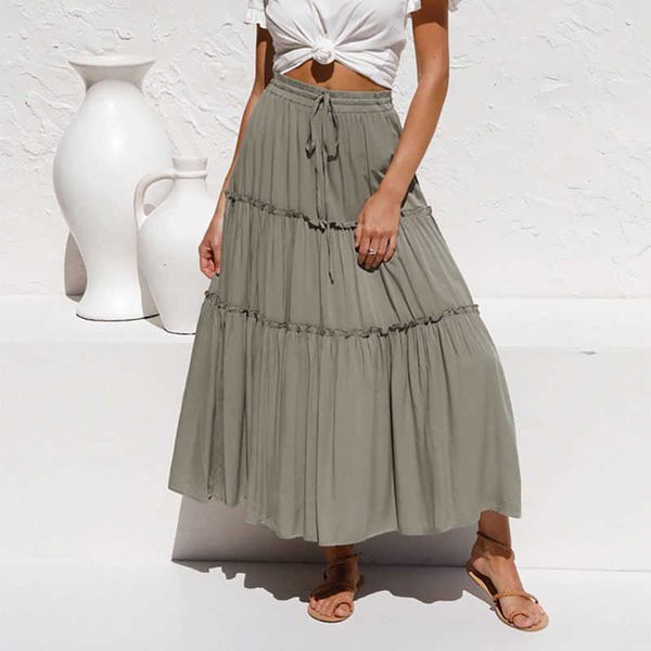 

skirts women high long spring summer casual pleated female elastic waist ruffle fladas a line maxi beach skirt 2m1m, Black