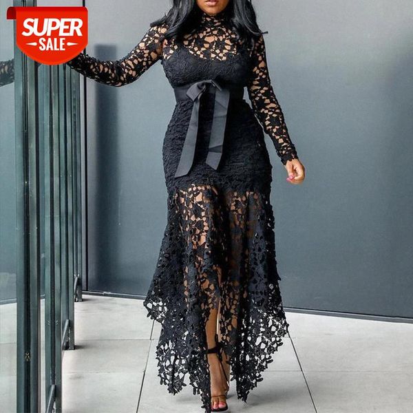 

lace hollow out vintage long dress women black long sleeve bodycon dresses ladies sashes 2021 spring elegant female vestido #mt8f, Black;gray