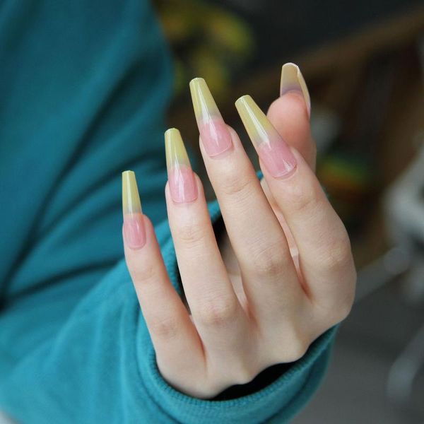 

false nails 24pcs/box summer gradient long ballerina coffin wearable fake full cover nail tips detachable, Red;gold