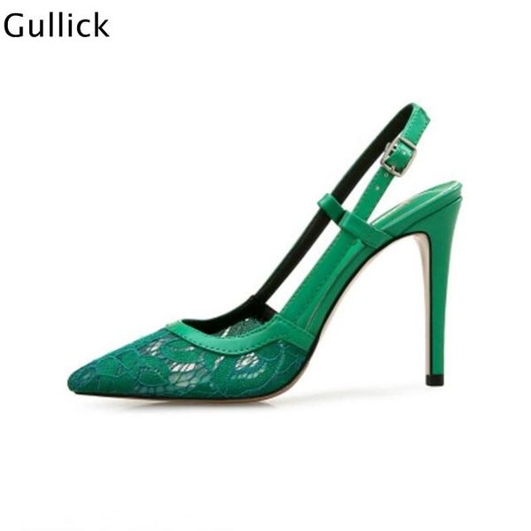 

fashion lace flower green woman pumps pointed toe slingback thin heels buckle woman wedding banquet dress pumps, Black
