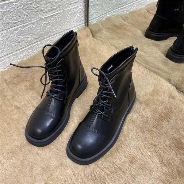 

boots deat 2021 spring autumn fashion casual round head thick bottom low heel lace-up shoes women short cool sf2941, Black
