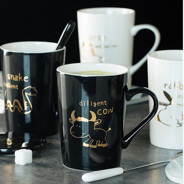

mugs ceramic 12 zodiac creative with spoon lid black and gold porcelain milk coffee cup drinkware