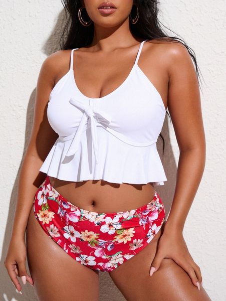 

plus floral print ruffle hem bikini swimsuit i4of#, Black