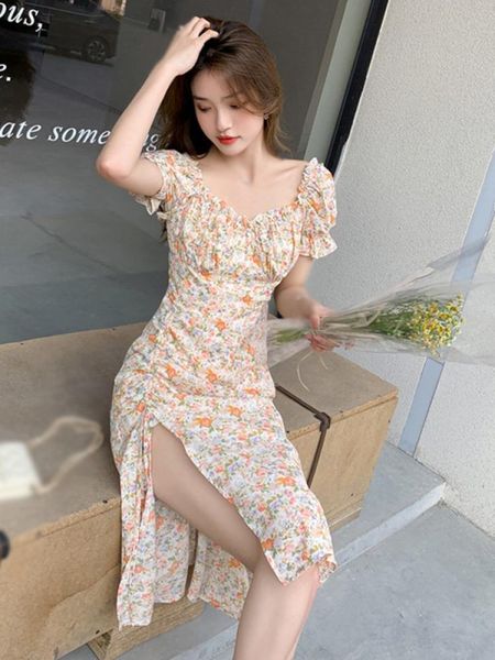 

casual dresses summer and early autumn ladies retro lady temperament self-cultivation square neck short-sleeved floral dress, Black;gray