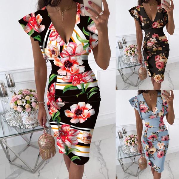 Abbigliamento etnico Donne sexy senza maniche con scollo a V Fiori Stampa Midi Abiti da ballo Orlo arricciato Abito aderente increspato Vestidos De Noche Robe Femme