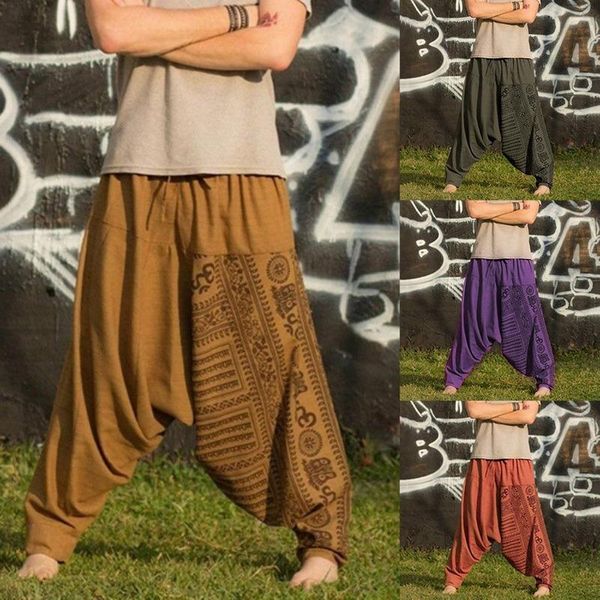 

men's pants vintage men wide leg baggy elastic loose casual drawstring high waist male muslim trousers, Black