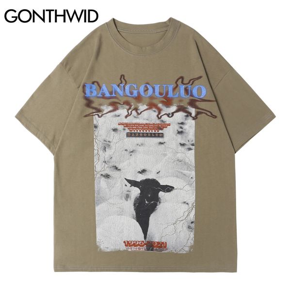 

gonthwid tshirts casual hip hop summer sheeps print short sleeve cotton t-shirts men loose streetwear harajuku fashion male c0315, White;black