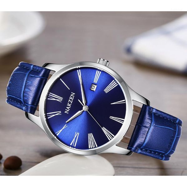 

wristwatches nakzen heren horloges erk luxe quartz horloge mannen kalender 316l rvs auto datum fashion lederen waterdicht reloj ho, Slivery;brown