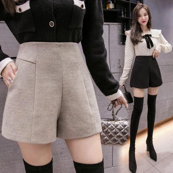 

women's shorts women wide leg woolen casual high waist pocket elegant wool for 2021 autumn y7, White;black