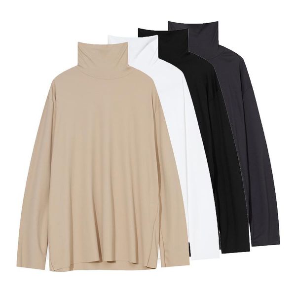 

men's t-shirts soft turtleneck bottoming t shirt korean fashion loose solid color long sleeve tshirt men khaki black fall undershirt ma, White;black