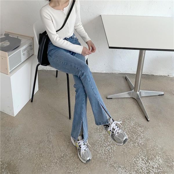 

women's jeans dd0120 slit high-waisted slim slim-fit micro-flared trousers, Blue