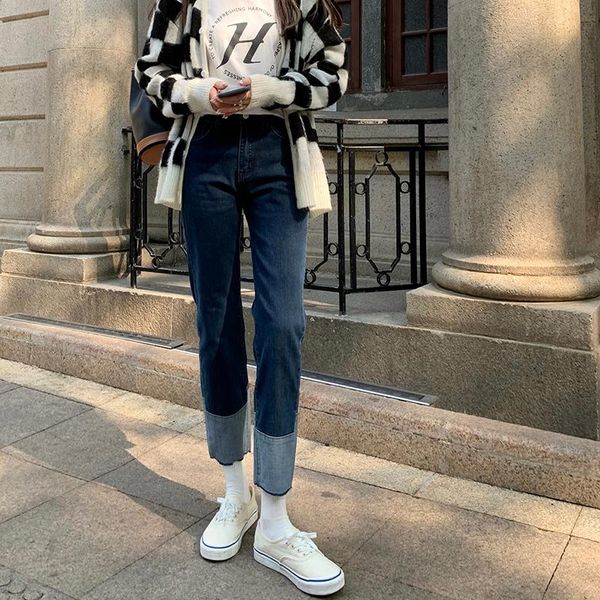 

women's jeans dd0289 high waist slim straight trousers cropped stitching, Blue