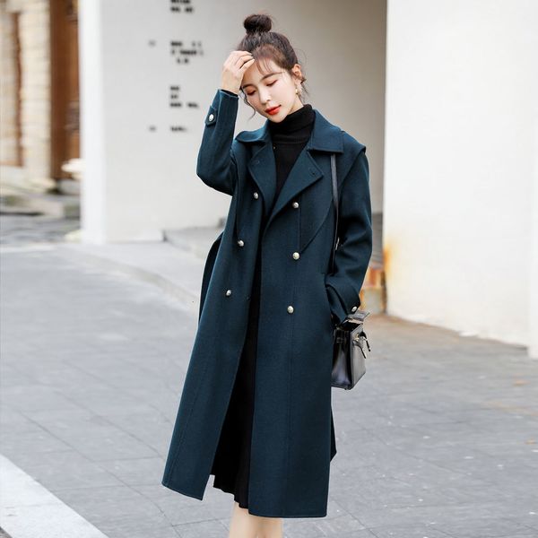 

women 2021 spring autumn new fashion long wool coat female turn-down collar cashmere coats ladies casual elegant outerwear a8099qm0, Black
