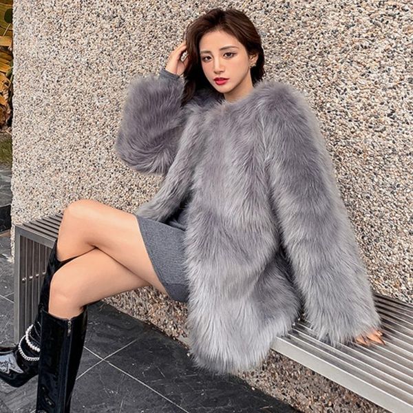 

women's fur & faux coat women fashion fluffy warm long sleeve female outerwear fall winter jacket hairy collarless overcoat 2021, Black