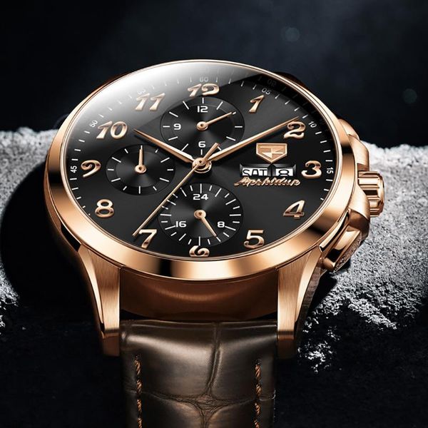 

wristwatches men watch automatic mechanical wristwatch with double calendar leather watchband brand fashion male clock, Slivery;brown