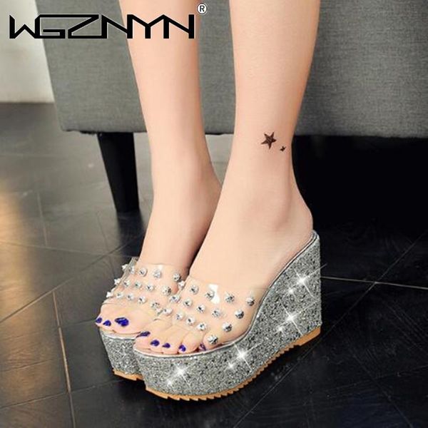 

luxury rivet designer 11cm wedge slippers women platform heels slides sequined high ladies shoes summer shoes woman slippers, Black