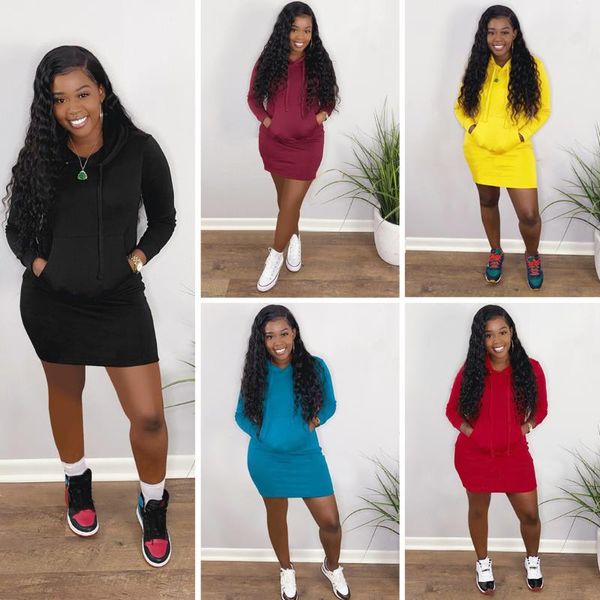 

casual dresses 2021 autumn clothes sweatshirt dress women hoodies long sleeve solid color front big pocket fitness mini s-xxl, Black;gray