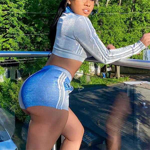 

women's jumpsuits & rompers glitter patchwork women two piece set long sleeve zipper crop and shorts nightclub 2 sets outfit roqp, Black;white