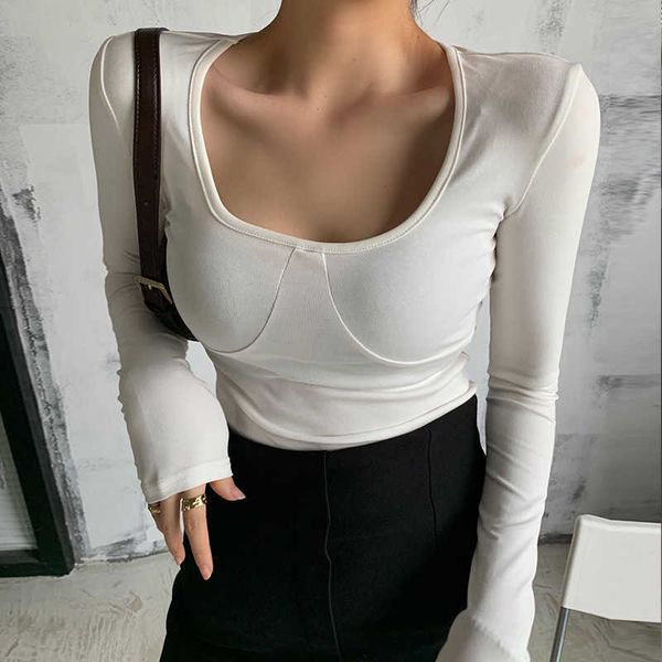 

spring t shirt women elasticity korean style slim tshirt female casual long sleeve summer woman clothes 210604, White