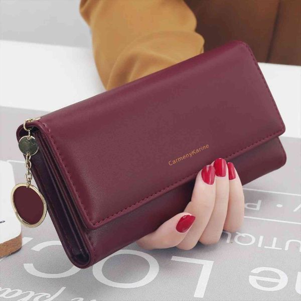 

fashion women wallets brand letter long tri fold wallet purse fresh leather female clutch card holder cartera mujer, Red;black
