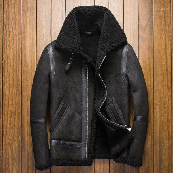 

sheepskin pro real fur coat genuine sheep shearling jacket male winter flight black men overcoat extra big size 4xl men's leather & fau