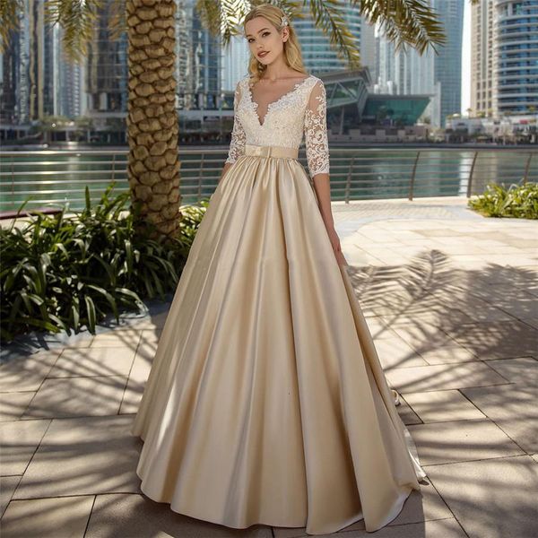 

2021 new vestidos de noiva elegant champagne half sleeves lace wedding es satin with bowknot bridal gowns custom modest yavy, White