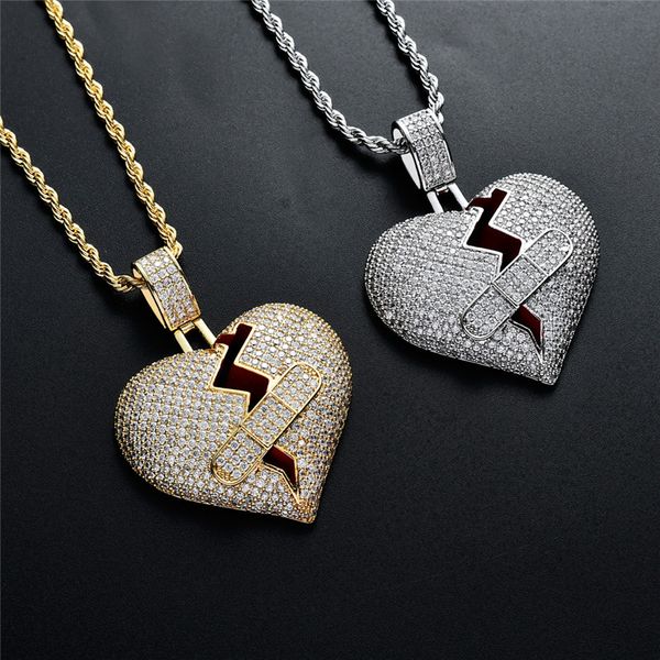 

iced out broke heart band-aid pendant rhinestone pendant necklace for men women aaa zircon fashion hip hop jewelry, Silver