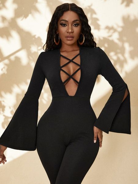

crisscross front plunging neck slit trumpet sleeve jumpsuit g2tt#, White