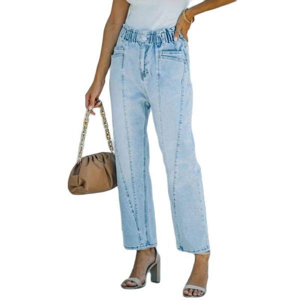 

women's jeans light blue elastic waist women high straight streetwear vintage denim trousers office lady casual pants 2021