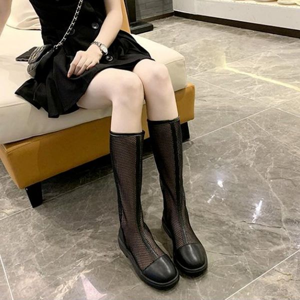 

boots high tube roman sandals female 2021 summer heels breathable woven fashion mesh slim knee-length, Black